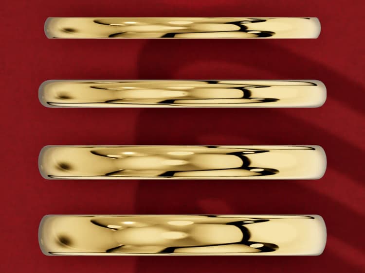3D render of four plain yellow gold bands seen from above at one scale, 1.5, 2, 2.5 and 3 mm wide from top to bottom