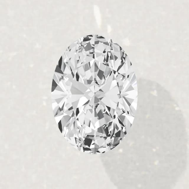 A 2 carat oval lab-grown diamond seen face up, 10.3 by 7.2 mm, a 3D render drawn to the same scale as the other 2 carat shapes on this page