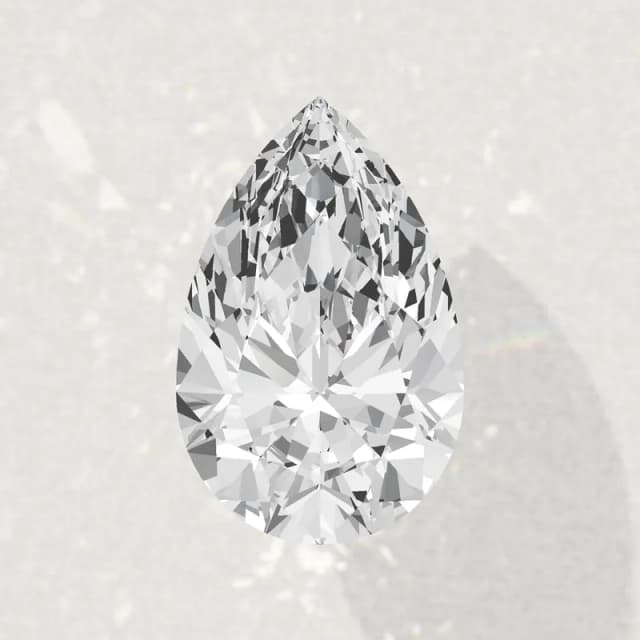 A 2 carat pear lab-grown diamond seen face up, 11.4 by 7.1 mm, a 3D render drawn to the same scale as the other 2 carat shapes on this page