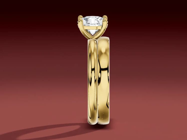 3D render of a solitaire and a straight wedding band seen edge-on, the band touching the solitaire band all the way down