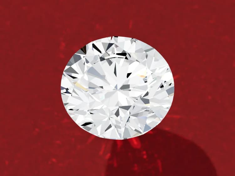 3D render of a loose round brilliant diamond seen face up at a slight angle, showing its facets