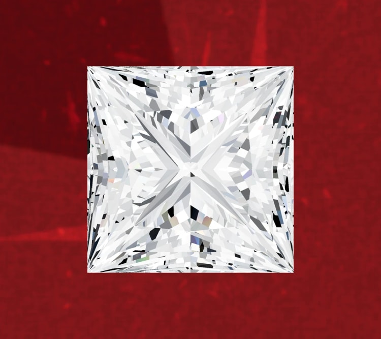 Princess cut diamond seen face up, showing its four pointed corners, by Lily Dia Jewellery