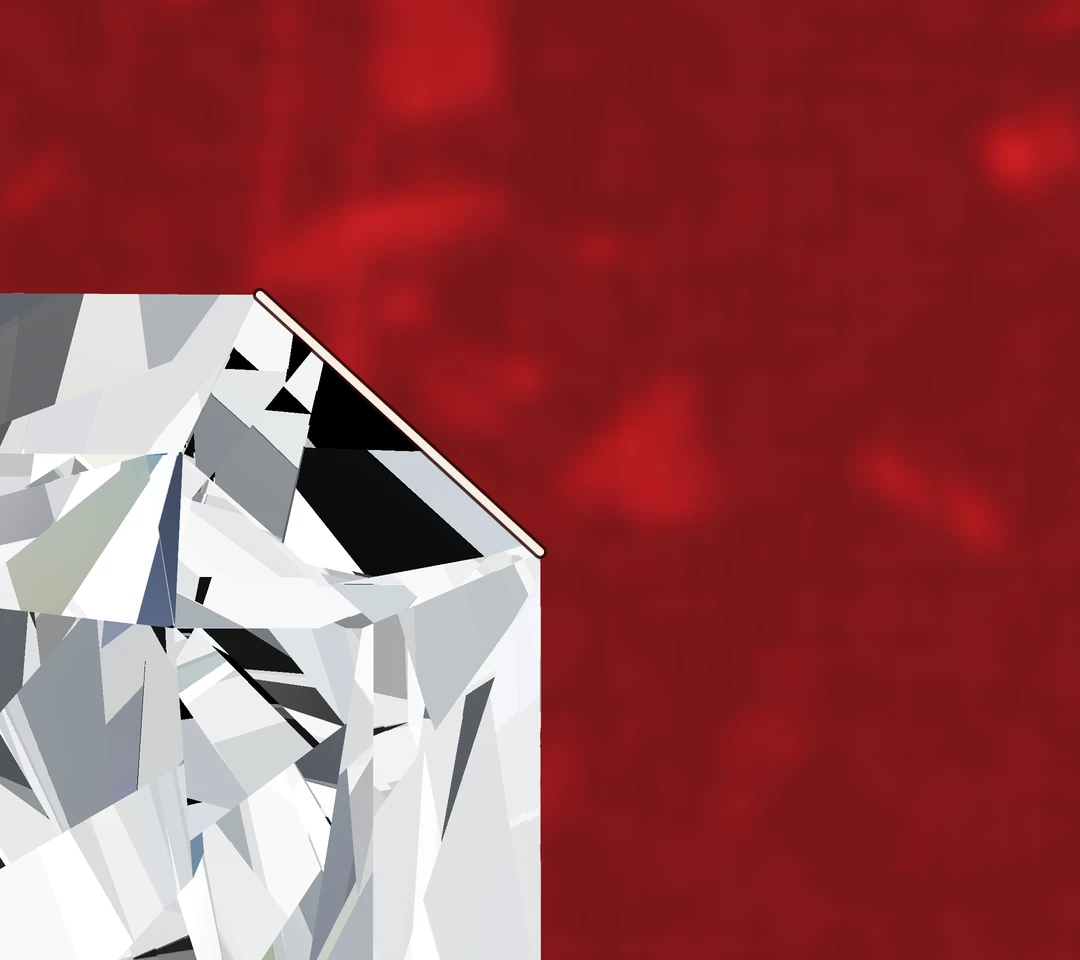 Close-up of a radiant cut diamond, with the diagonal edge of its cropped corner marked, by Lily Dia Jewellery