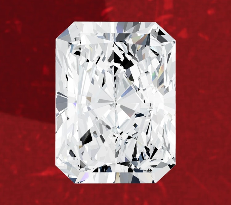 Radiant cut diamond seen face up, showing its four cropped corners, by Lily Dia Jewellery