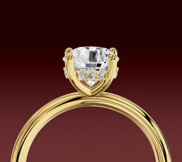 Side view of a hidden halo engagement ring, with a row of small diamonds beneath the round centre stone, by Lily Dia Jewellery