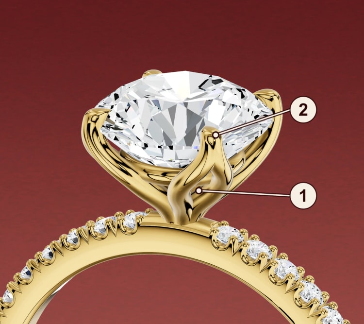 Close-up of a tulip setting, with 1 marking the petal-shaped curve and 2 marking a claw tip, by Lily Dia Jewellery