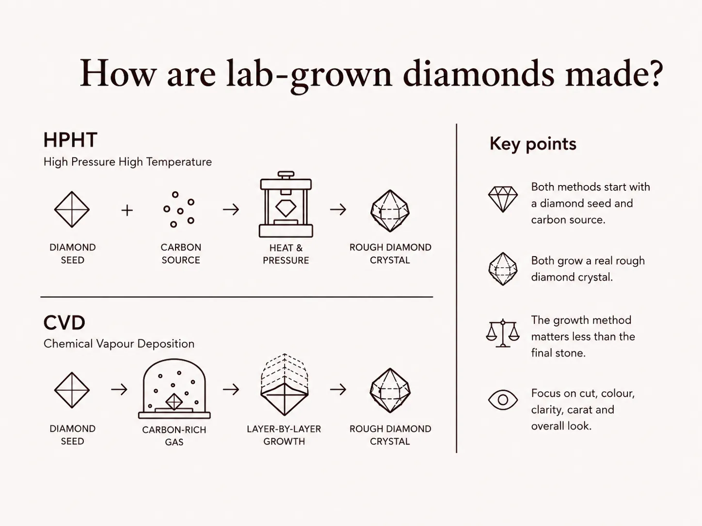 Diagram of how lab-grown diamonds are made by the HPHT and CVD methods, both growing a rough diamond crystal from a diamond seed and a carbon source, a lab-grown diamond education guide by Lily Dia Jewellery