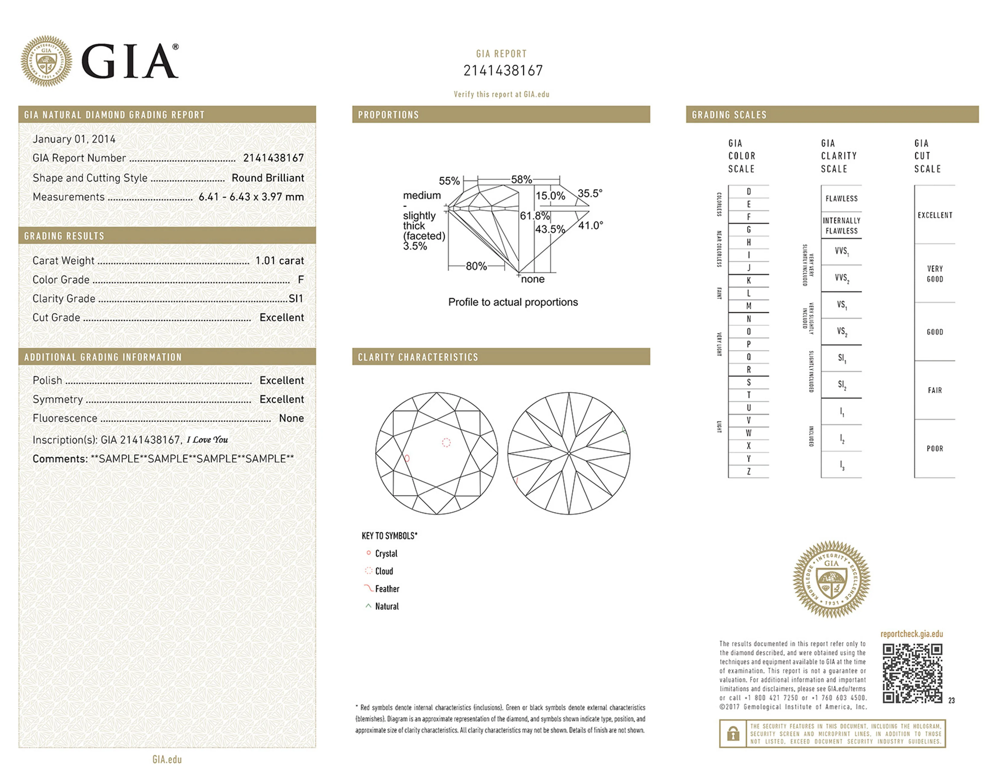 Full GIA diamond grading report showing diamond proportions, clarity characteristics and the colour, clarity and cut grading scales, a diamond certification guide by Lily Dia Jewellery