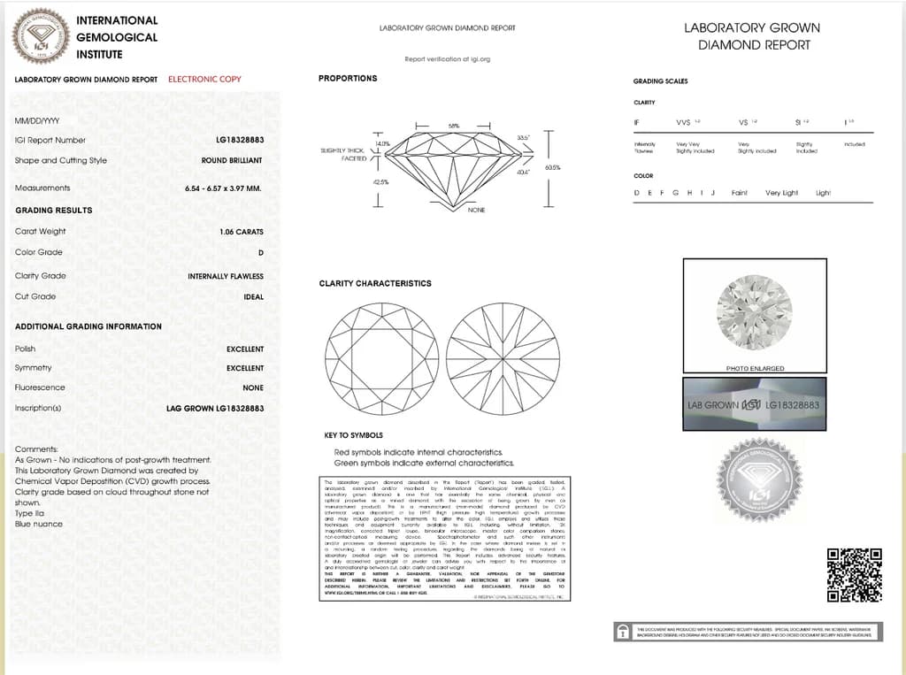 IGI laboratory-grown diamond grading report that grades a lab-grown diamond by the 4Cs and states its origin, a diamond certification guide by Lily Dia Jewellery