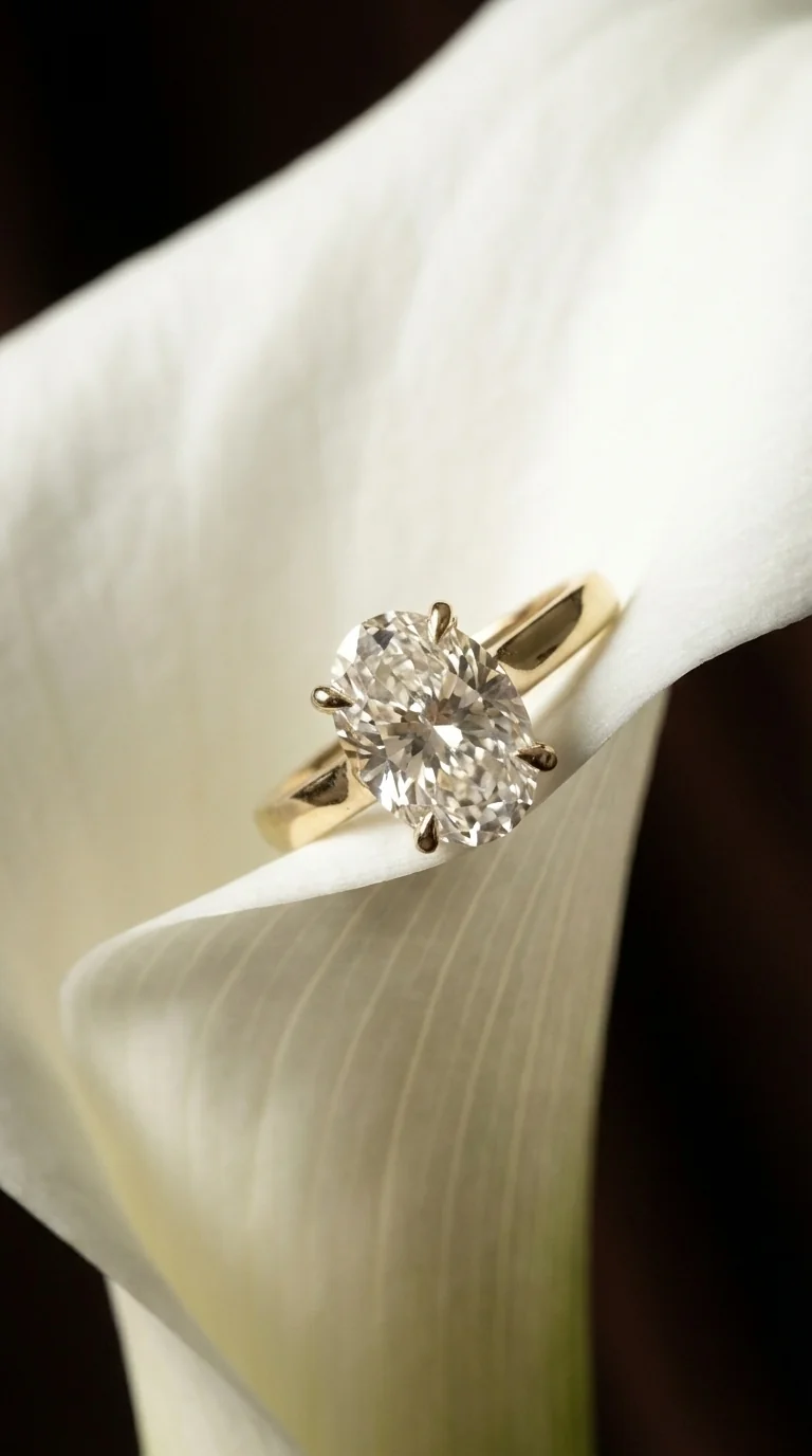 An ethical lab-grown diamond engagement ring, an oval solitaire in yellow gold, an ethical diamonds education guide by Lily Dia Jewellery