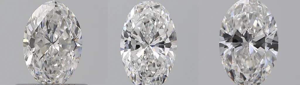 Three oval cut diamonds side by side looking identical whether the diamond is lab-grown or natural, a lab-grown diamond education guide by Lily Dia Jewellery