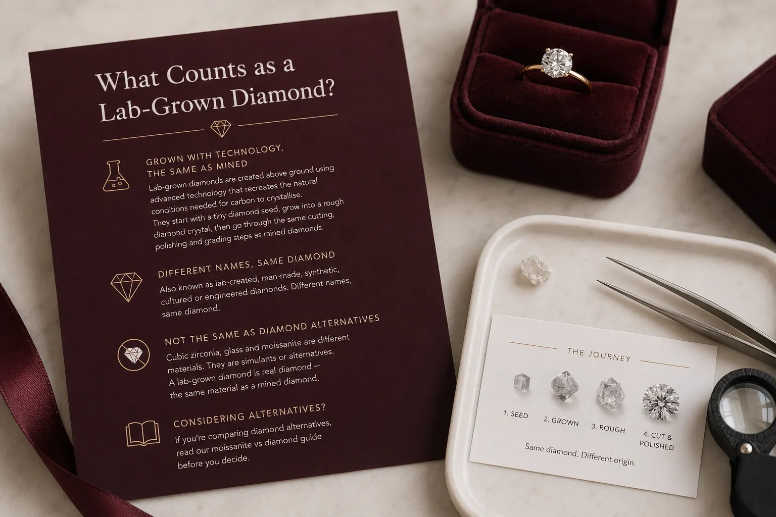 Lab-grown diamond solitaire ring beside loose stones showing the seed, grown, rough and cut and polished stages of how a lab-grown diamond is made, a lab-grown diamond education guide by Lily Dia Jewellery
