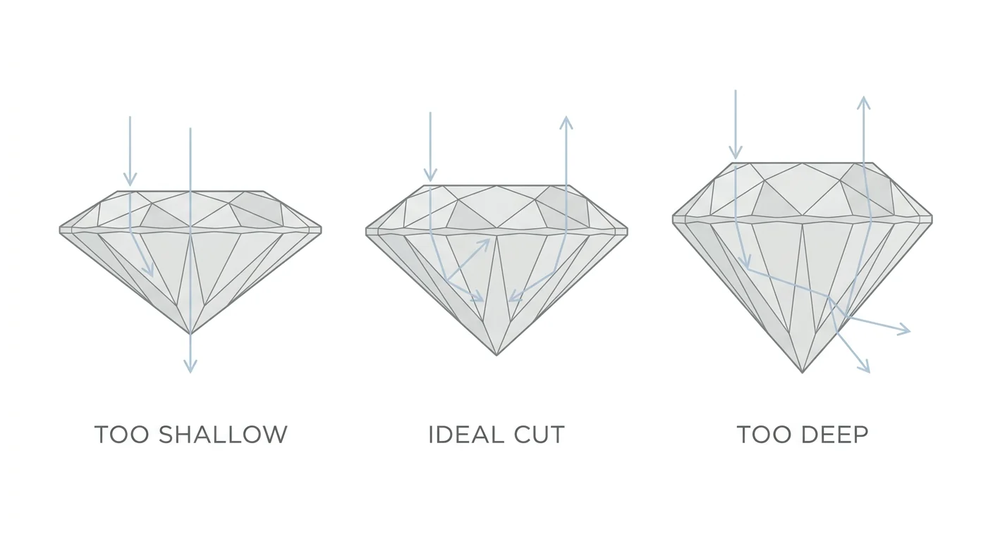 Diamond cut diagram showing how a too shallow, ideal or too deep cut changes the way light returns, a lab-grown vs natural diamond education guide by Lily Dia Jewellery