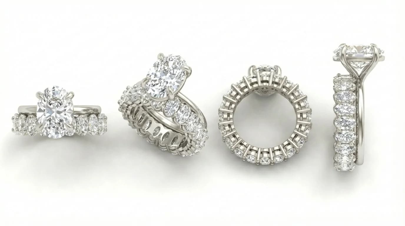A lab-grown diamond engagement ring shown from four angles, an oval solitaire on a diamond set band, a lab-grown vs natural diamond education guide by Lily Dia Jewellery