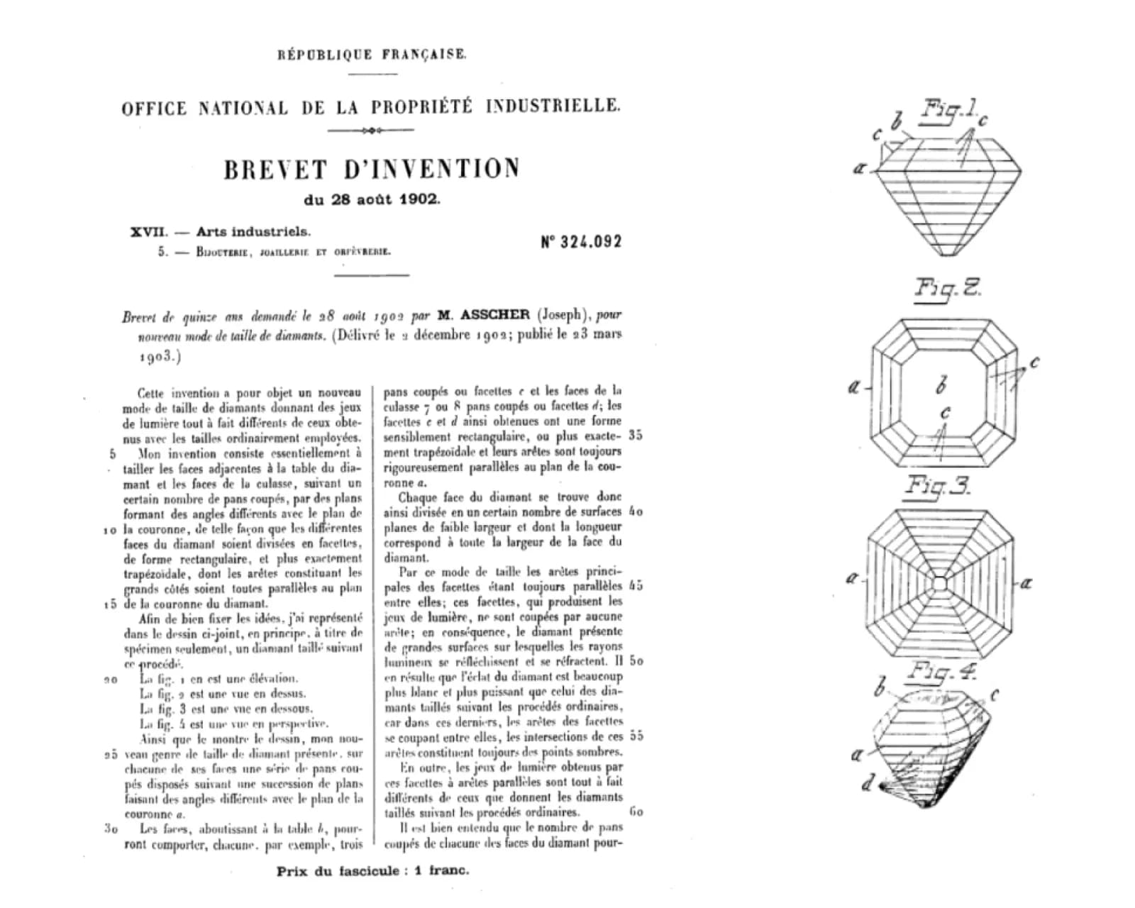 The 1902 patent document for the asscher cut diamond, filed by Joseph Asscher, an asscher cut diamond shape education guide by Lily Dia Jewellery