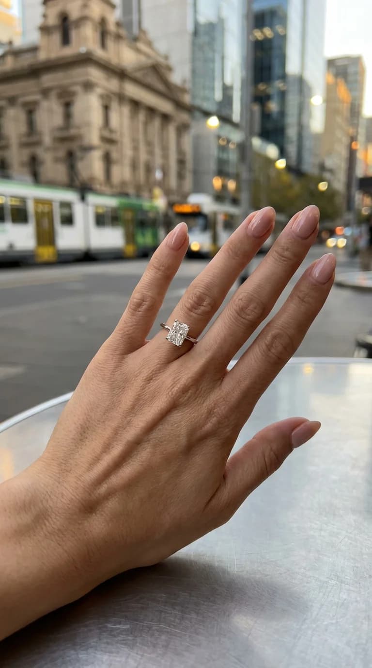 A cushion cut diamond solitaire engagement ring worn on the hand on a Melbourne street, a cushion cut diamond shape education guide by Lily Dia Jewellery