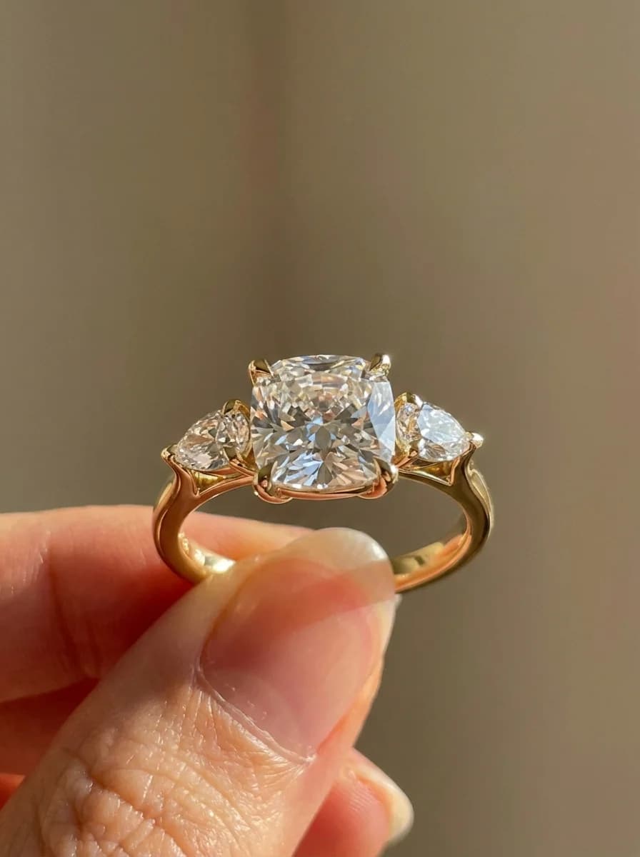 A cushion cut diamond three-stone engagement ring with pear shaped side stones in yellow gold, a cushion cut diamond shape education guide by Lily Dia Jewellery