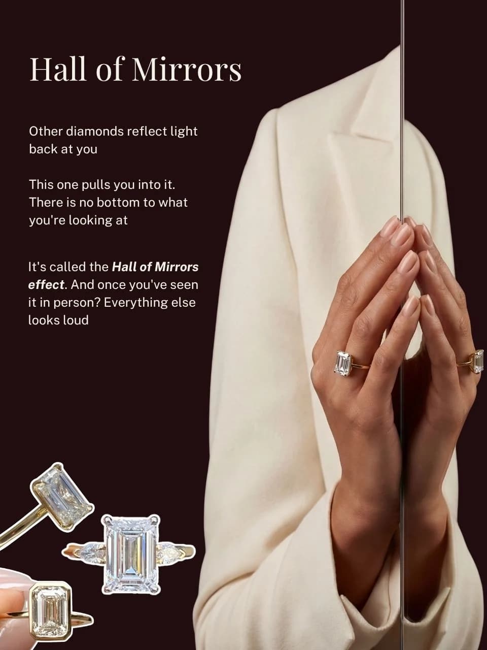 A guide to the hall of mirrors effect in an emerald cut diamond, where the long step facets draw the eye deep into the stone, an emerald cut diamond shape education guide by Lily Dia Jewellery
