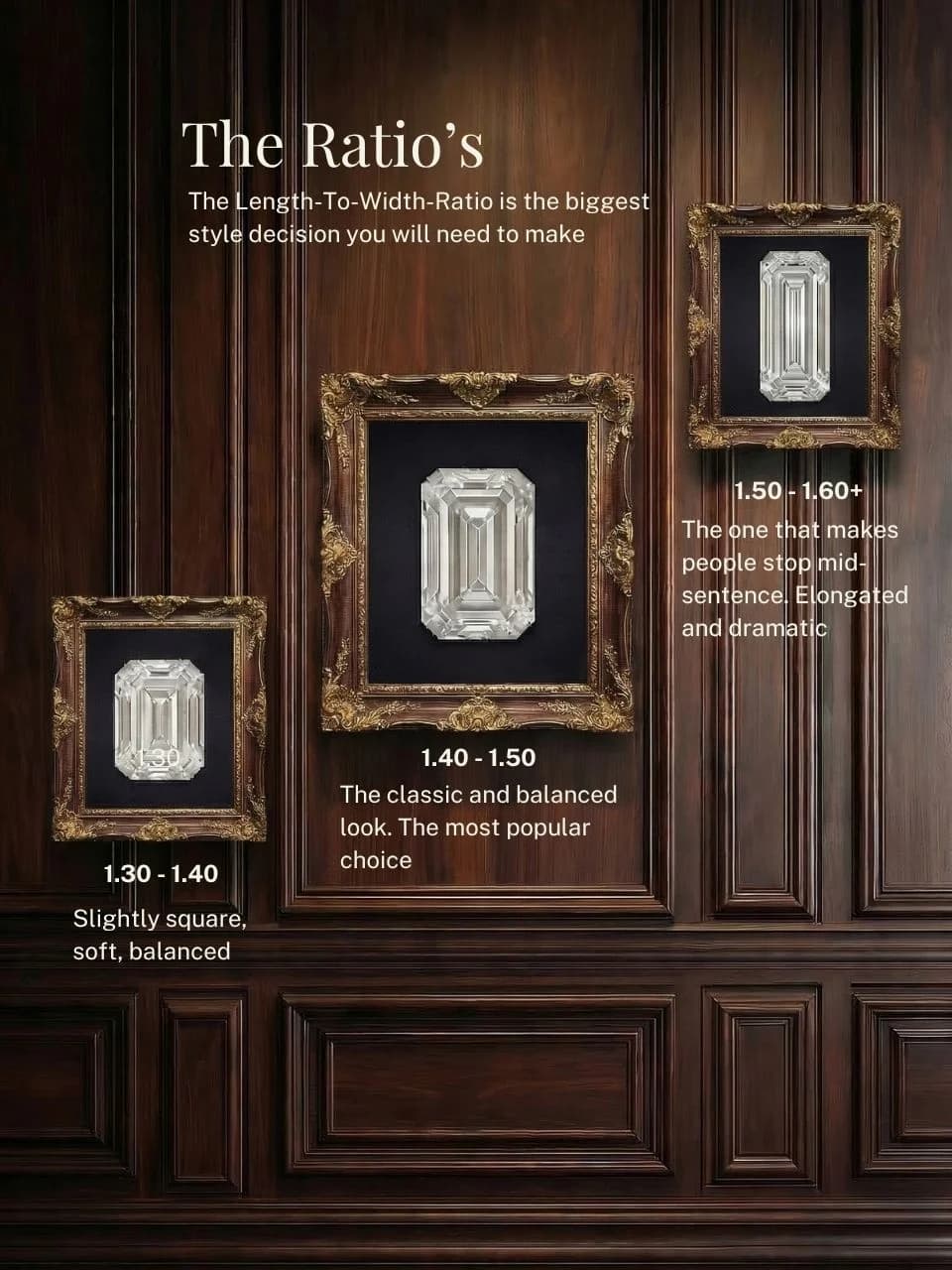 An emerald cut diamond length-to-width ratio guide, comparing slightly square ratios of 1.30 to 1.40, the classic 1.40 to 1.50 look and elongated ratios of 1.50 to 1.60 and above, an emerald cut diamond shape education guide by Lily Dia Jewellery