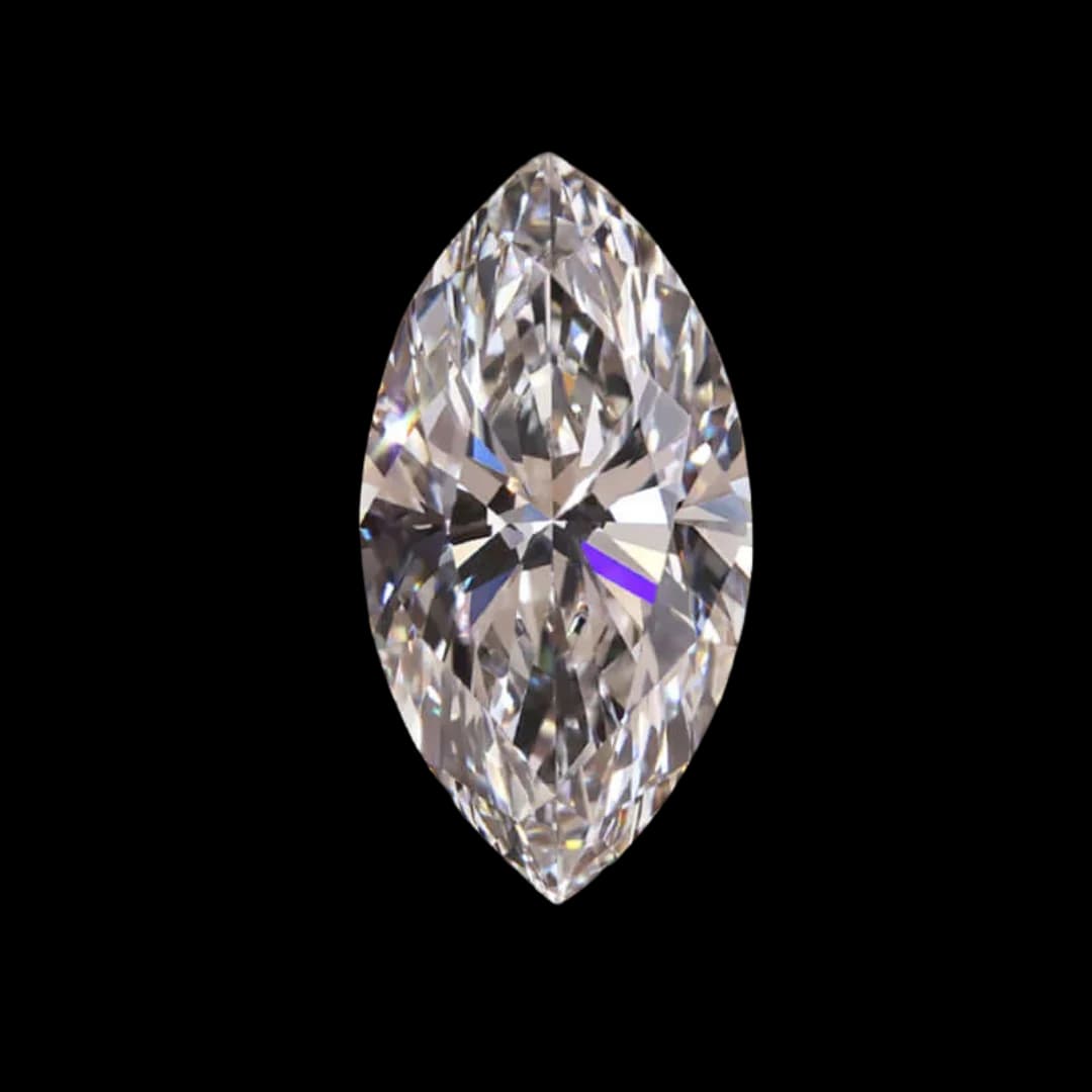 A loose marquise cut diamond shown from above, its elongated brilliant facets tapering to a point at each end, a marquise cut diamond shape education guide by Lily Dia Jewellery