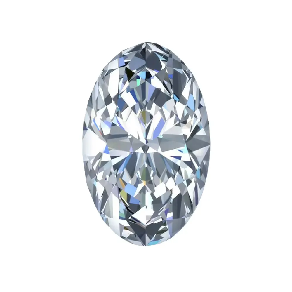A loose oval cut diamond shown from above, its elongated brilliant facet pattern catching the light, an oval diamond shape education guide by Lily Dia Jewellery