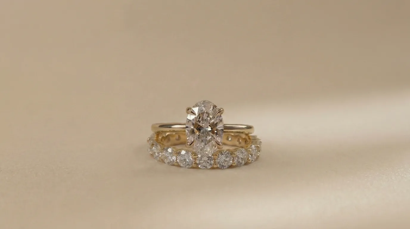 Oval cut diamond solitaire engagement ring worn with a wedding band by Lily Dia Jewellery
