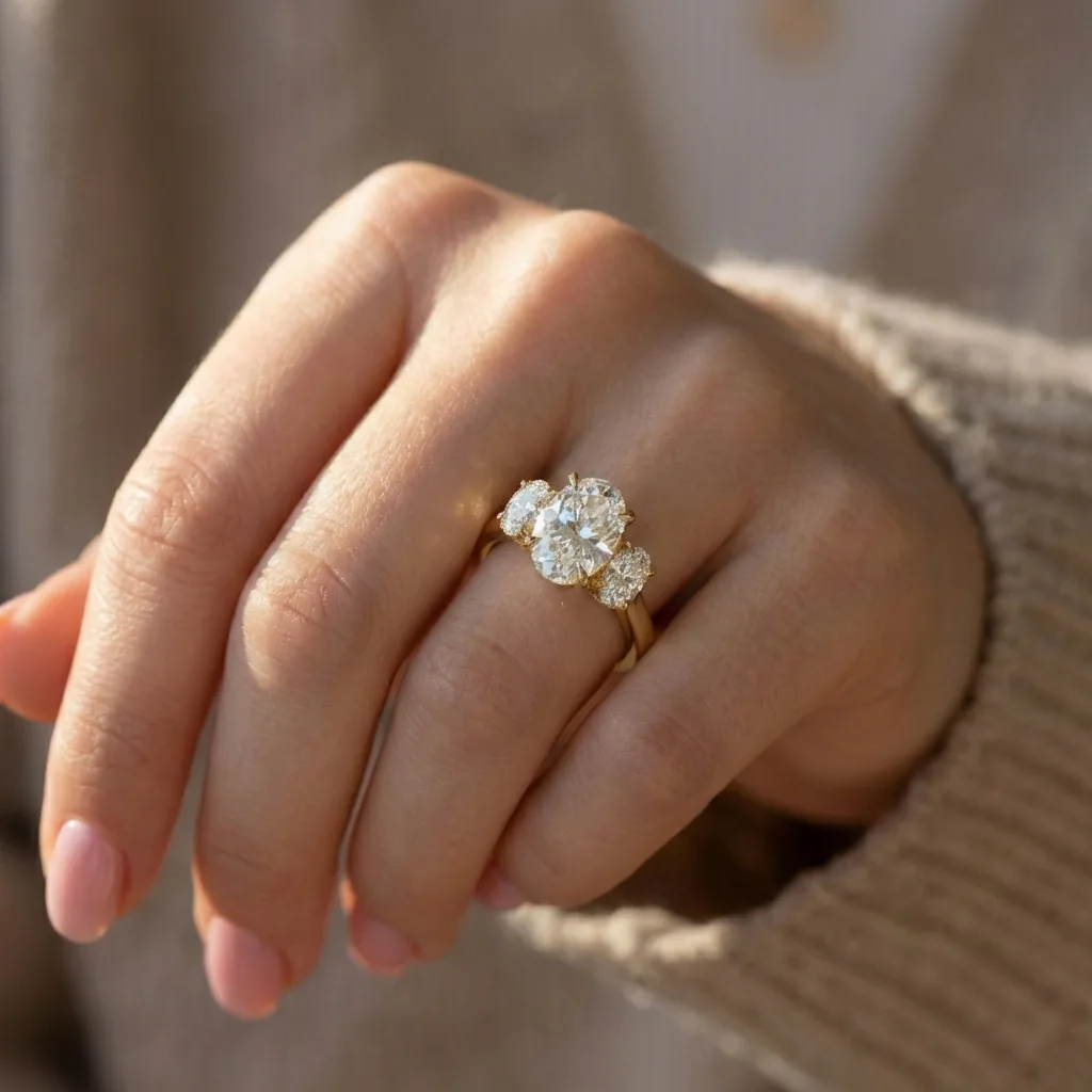 An oval cut diamond three-stone engagement ring with oval side stones worn on the hand, showing how the shape flatters the finger, an oval diamond shape education guide by Lily Dia Jewellery