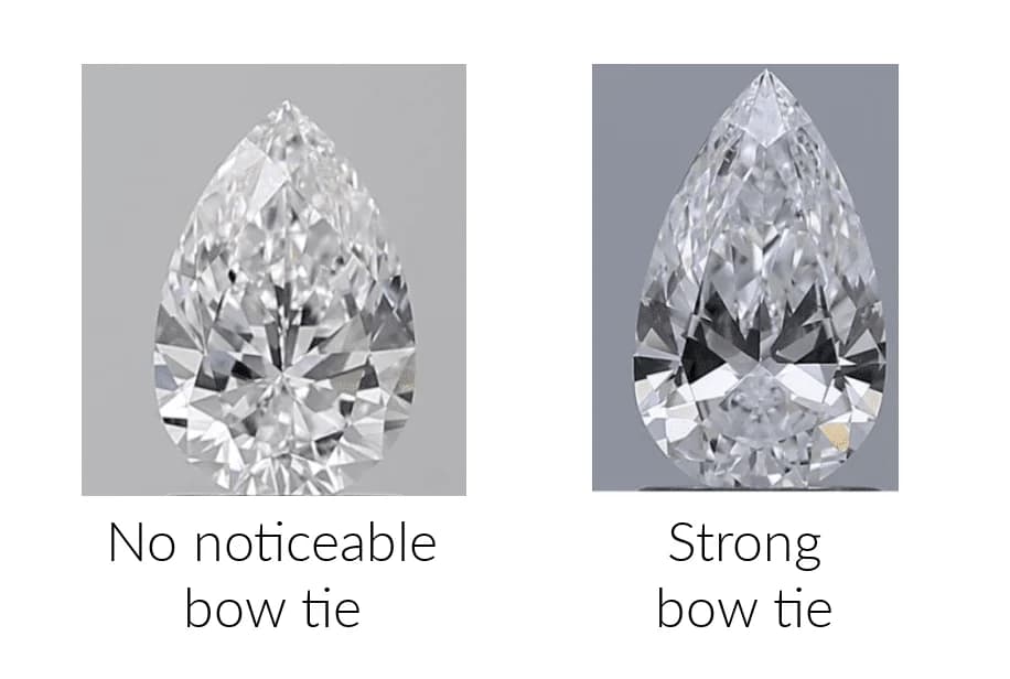 Two pear shaped diamonds compared, one with no noticeable bow tie and one with a strong bow tie shadow through the centre, a pear shaped diamond shape education guide by Lily Dia Jewellery