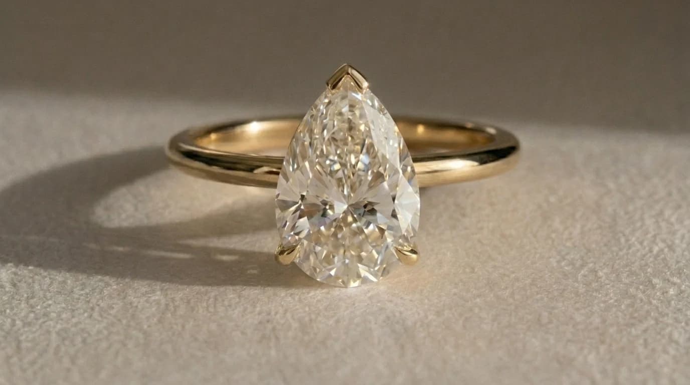 A pear shaped diamond solitaire engagement ring in yellow gold, the point facing the fingertip, a pear shaped diamond shape education guide by Lily Dia Jewellery