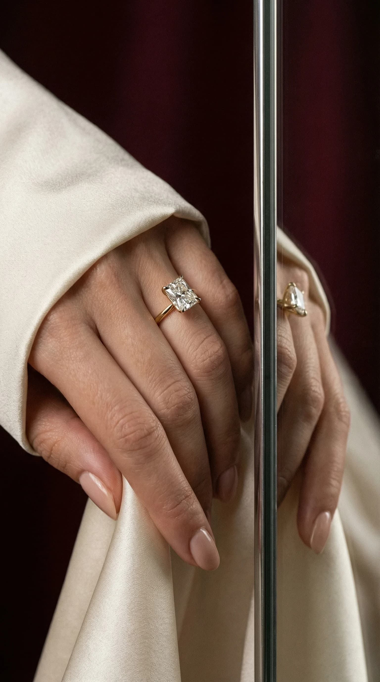 A radiant cut diamond solitaire engagement ring worn on the hand beside a mirror, a radiant cut diamond shape education guide by Lily Dia Jewellery