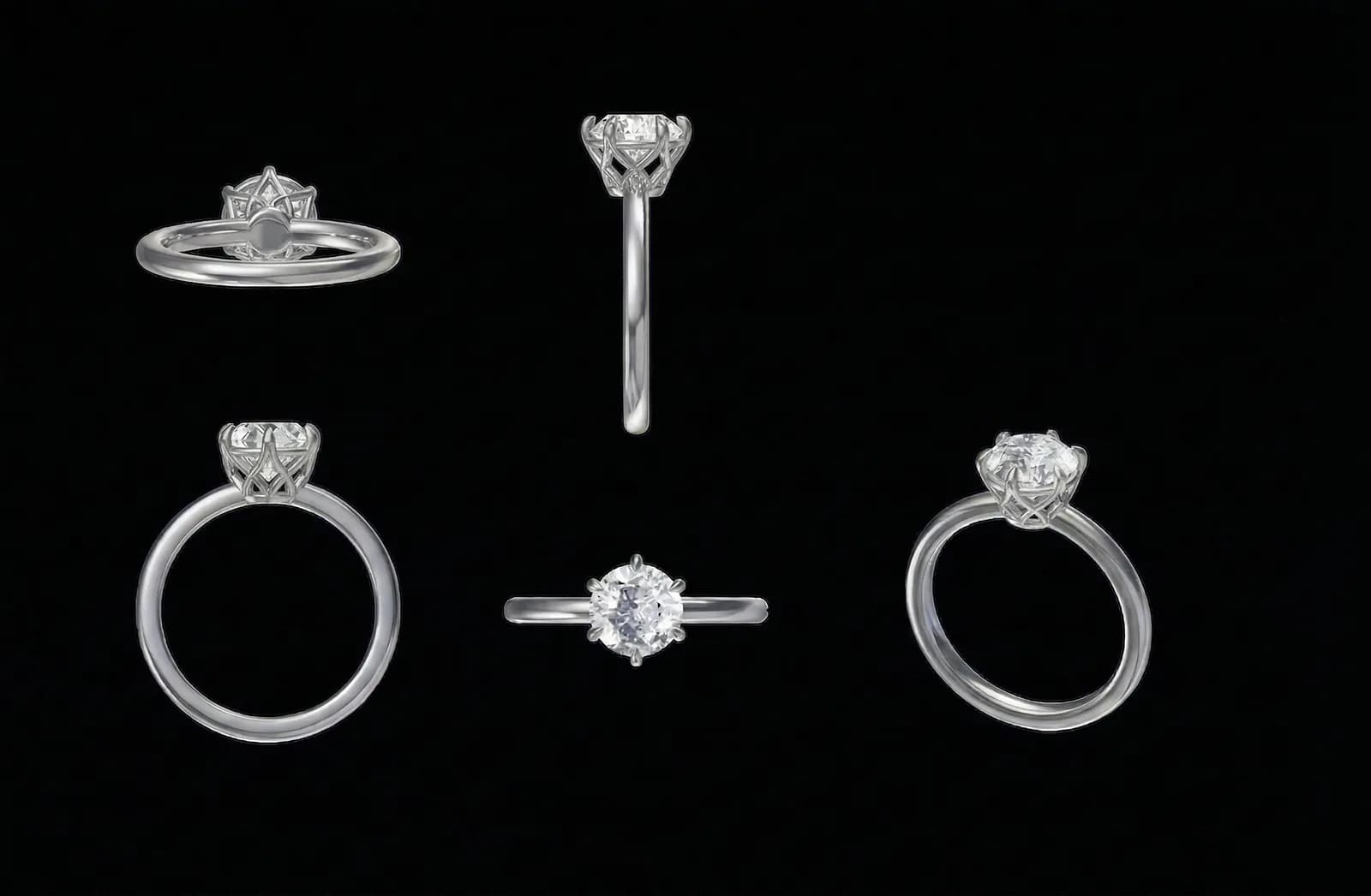 A round brilliant cut diamond solitaire engagement ring in white gold shown from several angles, a round diamond shape education guide by Lily Dia Jewellery