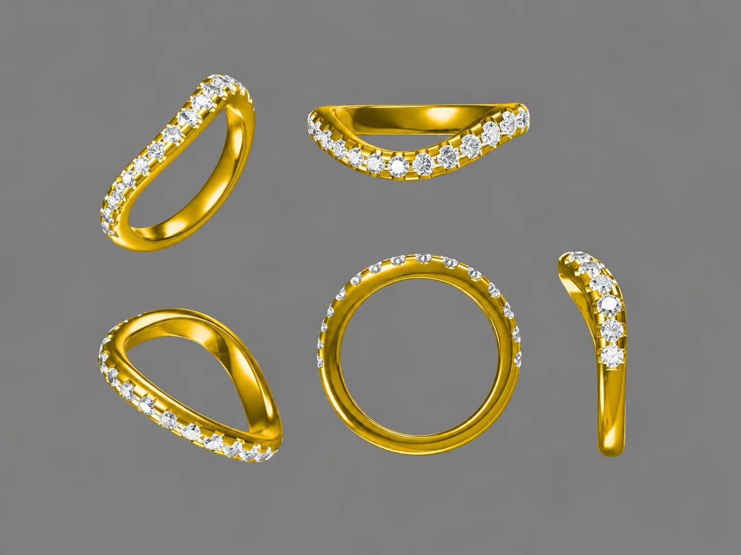 A CAD render of a custom curved diamond wedding band designed to sit alongside the engagement ring, a custom engagement ring design guide by Lily Dia Jewellery