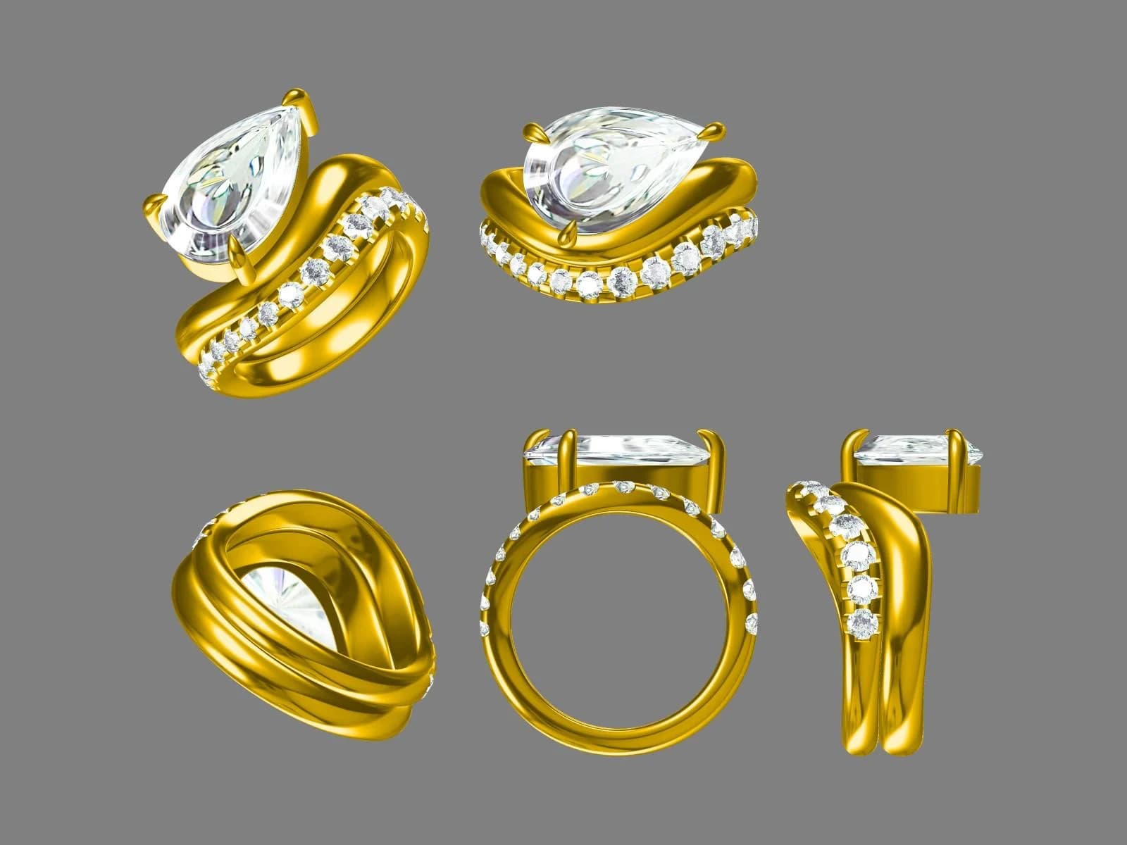 A CAD render of a custom pear diamond engagement ring with a matching pave diamond band, shown from several angles for review, a custom engagement ring design guide by Lily Dia Jewellery