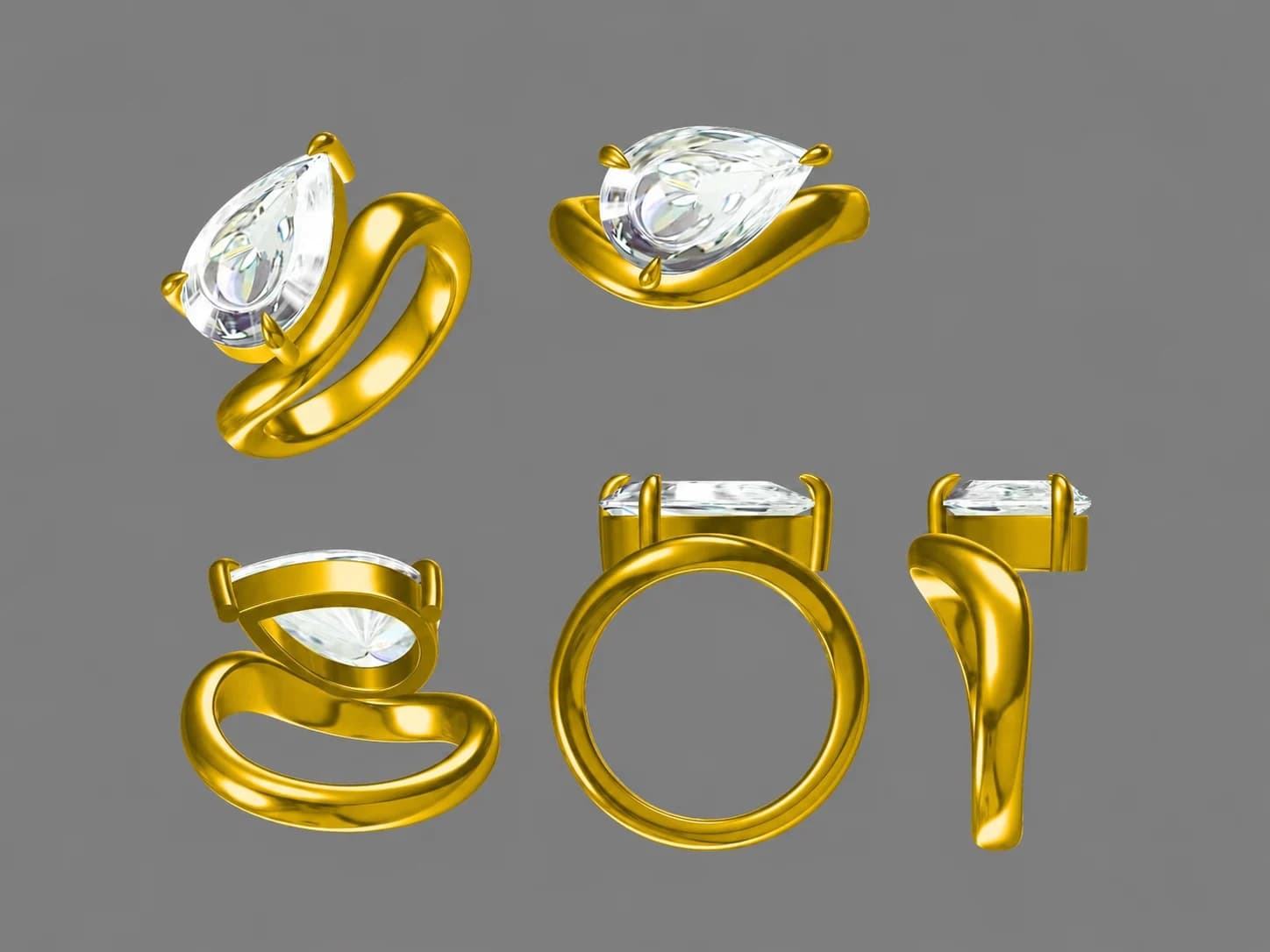 A CAD render of a custom pear diamond engagement ring shown from several angles before approval, a custom engagement ring design guide by Lily Dia Jewellery