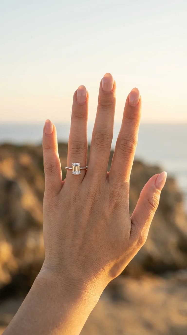 An emerald cut diamond solitaire engagement ring worn on the hand at sunset, a solitaire engagement ring style guide by Lily Dia Jewellery