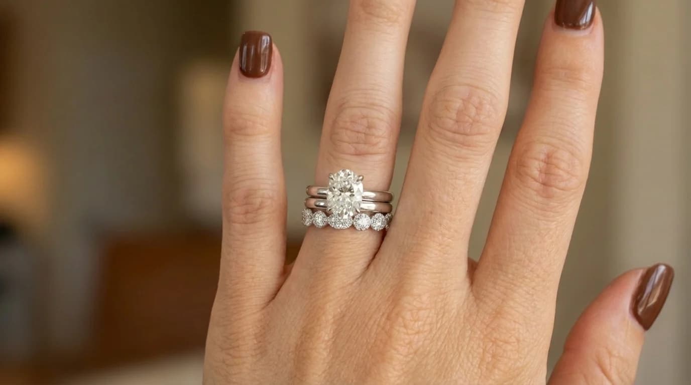 An oval diamond solitaire engagement ring stacked with two diamond wedding bands on the hand, a solitaire engagement ring style guide by Lily Dia Jewellery