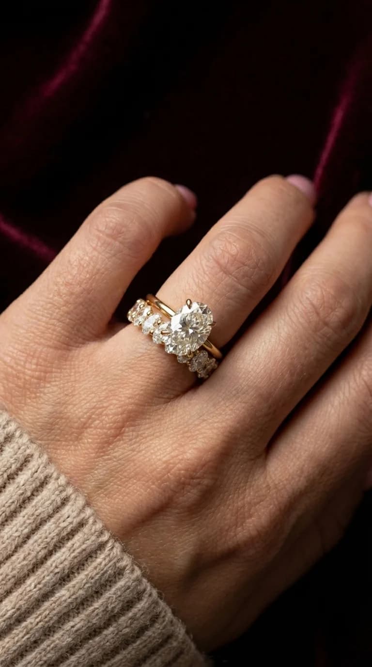 An oval diamond solitaire engagement ring worn with a curved diamond wedding band, a solitaire engagement ring style guide by Lily Dia Jewellery