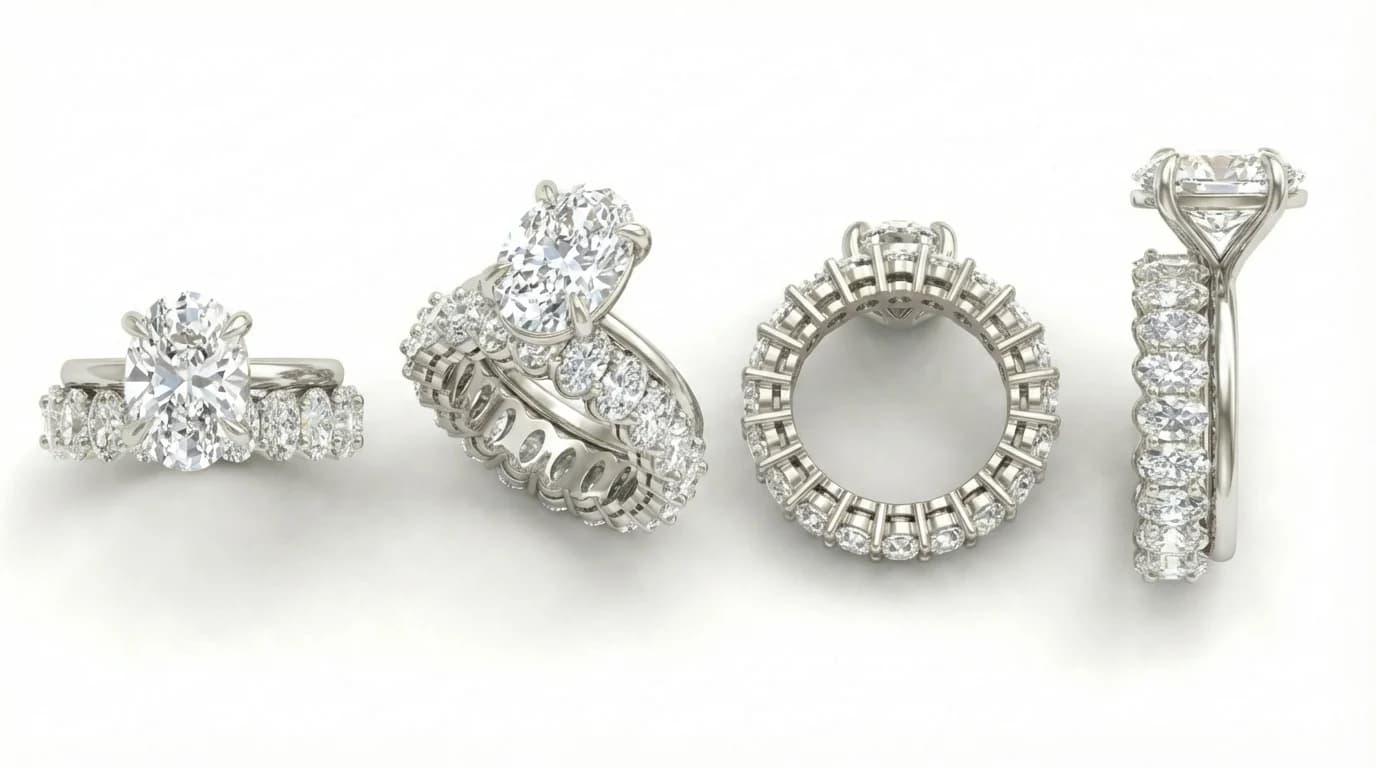 An oval diamond solitaire engagement ring shown from several angles with a matching diamond eternity band, a solitaire engagement ring style guide by Lily Dia Jewellery