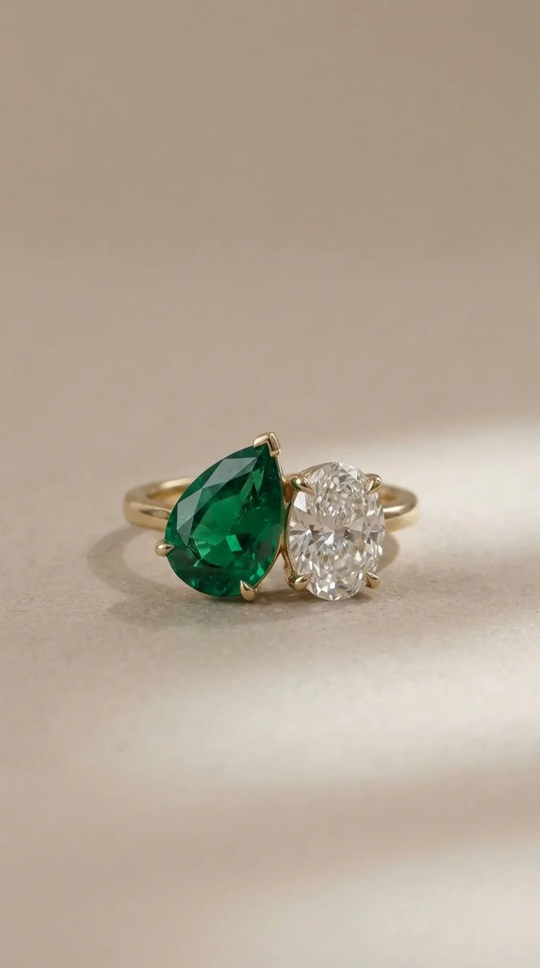 A pear cut emerald set beside a round diamond on a yellow gold toi et moi engagement ring, a toi et moi engagement ring style guide by Lily Dia Jewellery