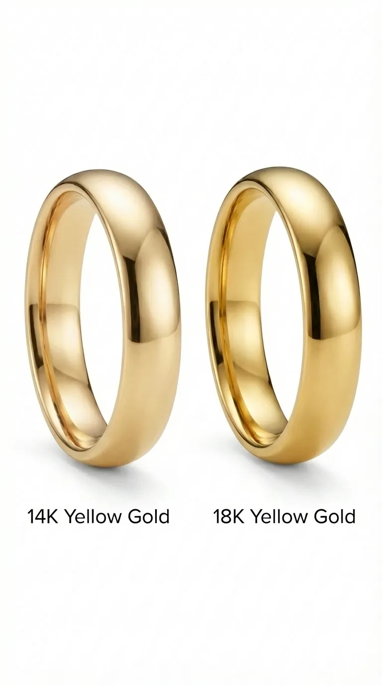 Side by side comparison of 14k and 18k yellow gold rings showing colour saturation difference