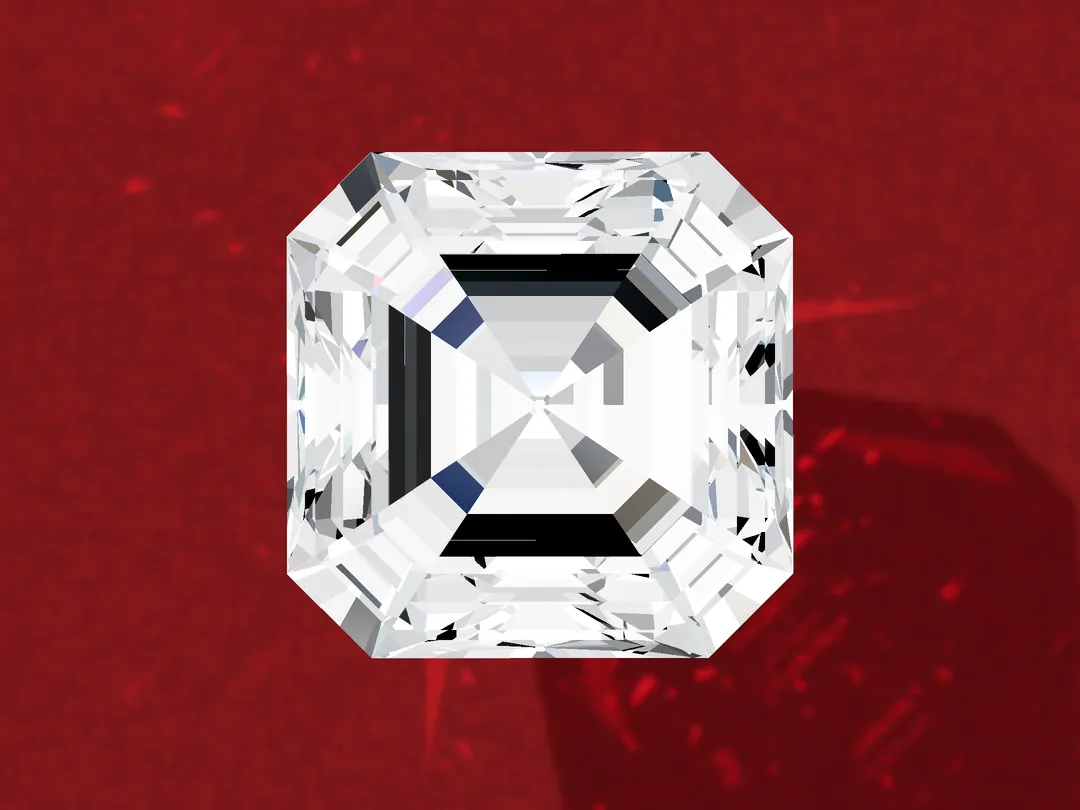 3D render of a loose Asscher-cut diamond face up, a square with cropped corners and concentric step facets.