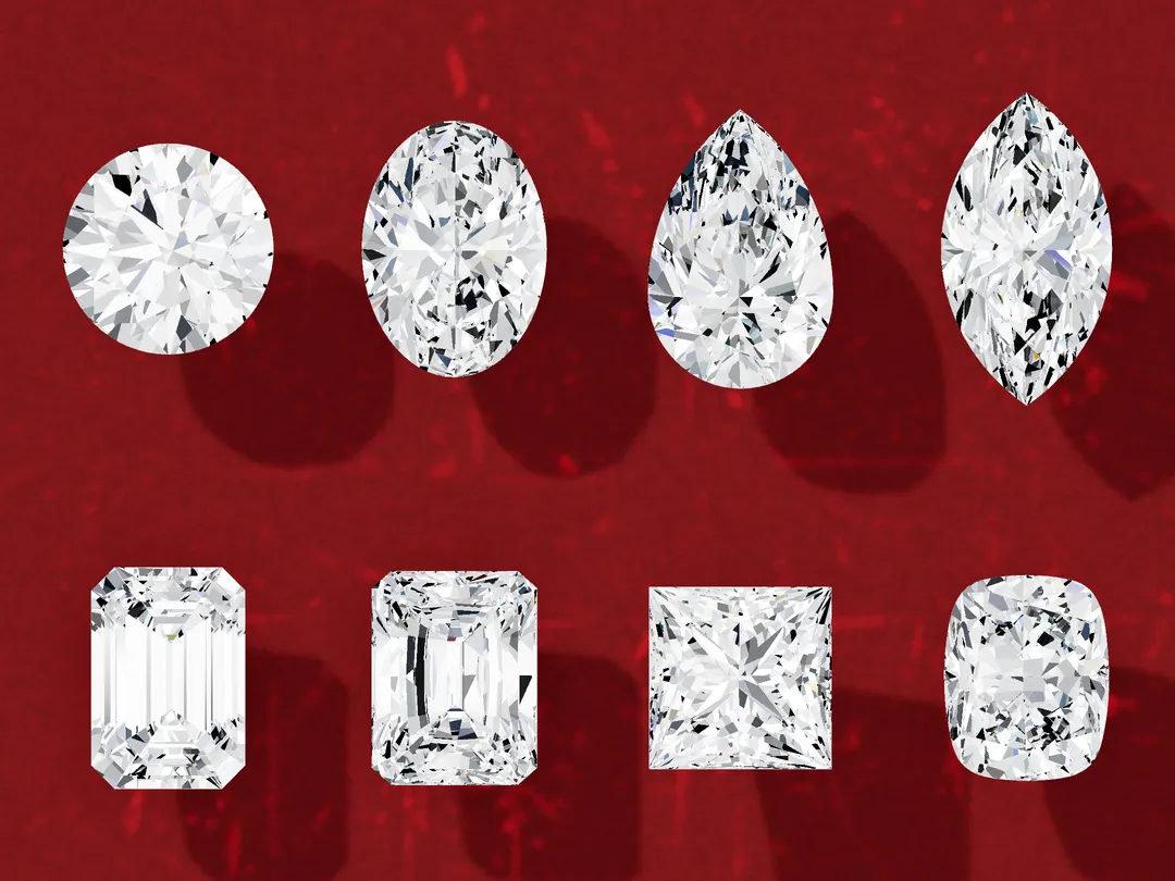 3D render of eight loose diamonds face up in two rows, round, oval, pear and marquise above, emerald, radiant, princess and elongated cushion below, all 1.5 carats at the same scale.