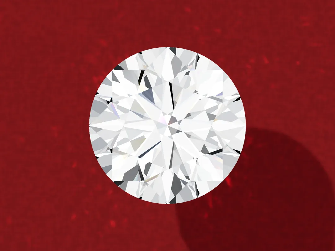 3D render of a full-cut round brilliant diamond seen face up on a burgundy table.