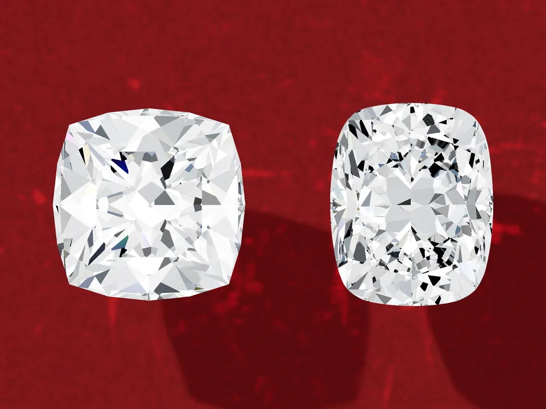 3D render of two loose cushion-cut diamonds face up, one nearly square and one elongated.