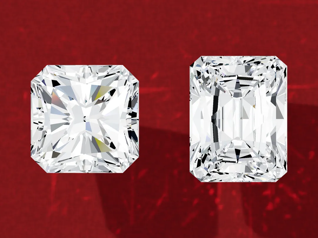 3D render of two loose radiant-cut diamonds face up, one square and one rectangular, both with cropped corners.