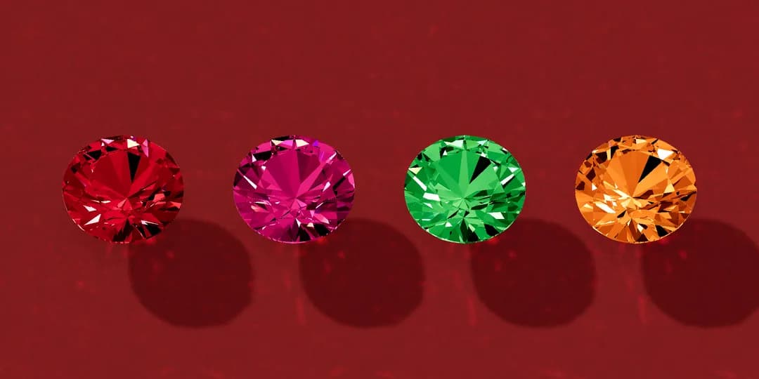 3D render of four loose round garnets in a row on a burgundy table: deep red, raspberry pink, green and orange.