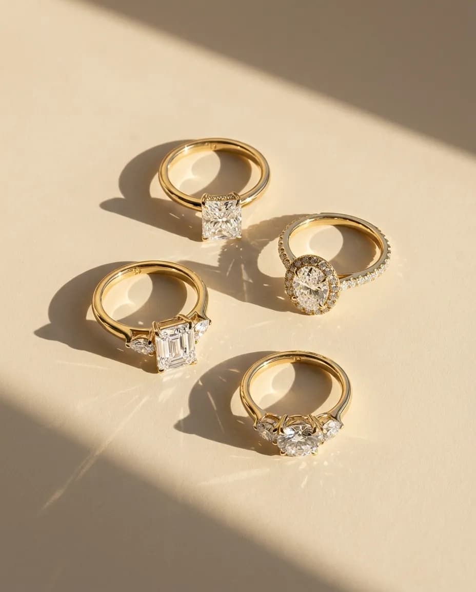 Collection of diamond engagement rings showing both lab-grown and natural diamonds