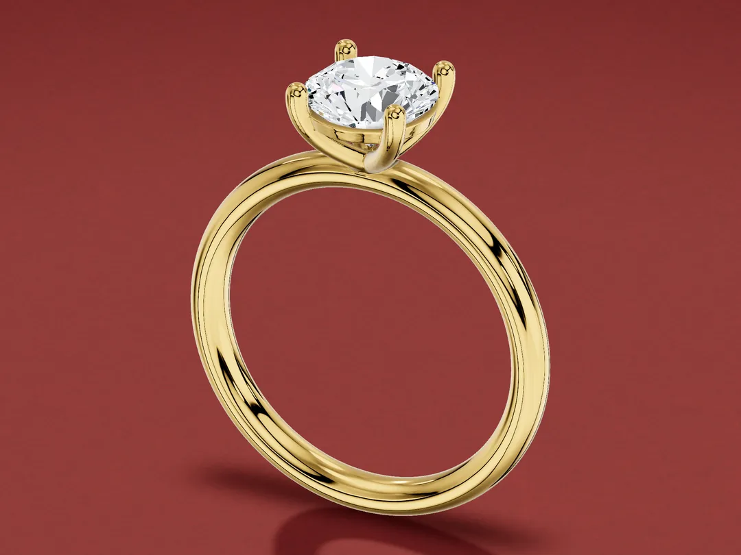 3D render of a round solitaire with a single centre stone on a plain yellow gold band.
