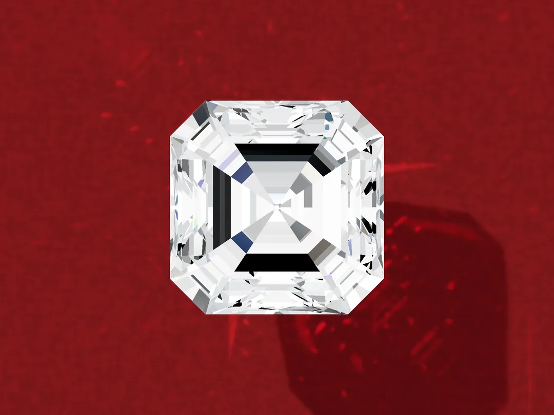 3D render of a loose Asscher-cut diamond face up, a square with cropped corners and concentric step facets.