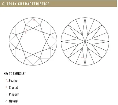 Clarity plot from a GIA sample report: outlines of a round diamond’s crown and pavilion with small red feather and crystal symbols, and a key to the symbols below.